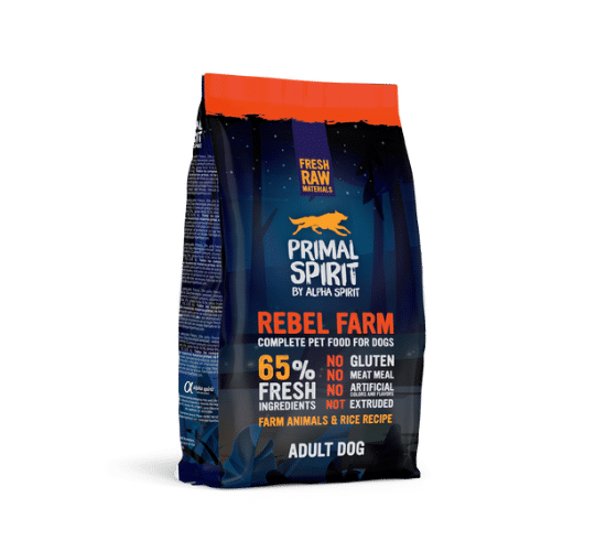 מזון פרימל ספיריט רבל פארם של Alpha Spirit הוא מזון מלא ומאוזן לכלבים בוגרים מכל הגזעים. המזון מבוסס על 65% רכיבים טריים – 45% בשר עוף טרי ו-20% דגים טריים, ומספק תזונה עשירה, טבעית ואיכותית. המזון מיוצר בטכנולוגיית Tenderize ייחודית, מערכת ייצור המבוססת על בישול בטמפרטורה נמוכה לשמירה על איכות המוצר ועל תכונות חומר הגלם. תהליך זה שומר על כל הוויטמינים, המינרלים והערכים התזונתיים של הבשר והדגים הטריים.