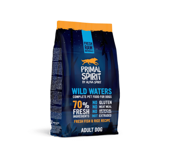 מזון פרימל ספיריט ווילד ווטר Alpha Spirit – מזון מלא לכלבים בוגרים. 70% דגים טריים ועוף טרי, ללא תוספים מלאכותיים. מועשר בויטמינים ומינרלים. מתאים לכלבים ללא גלוטן. אריזת חיסכון 1 ק"ג.
