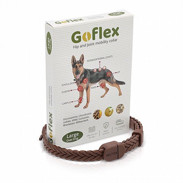 Goflex Mobility Collar – קולר לטיפול ותמיכה בבעיות מפרקים מבית SOLANO הכלב מתקשה לקום? מראה סימני נוקשות לאחר הליכה? הכירו את Goflex, הקולר החדשני מבית סולאנו (SOLANO) שנועד לשפר את איכות החיים והניידות של כלבים הסובלים מבעיות מפרקים, דלקות וכאבים כרוניים. במקום להיאבק מדי יום במתן כדורים או תוספי תזונה נוזליים, קולר Goflex מציע פתרון חכם ונוח: שחרור רציף ומבוקר של רכיבים פעילים ישירות לגוף הכלב, 24 שעות ביממה, למשך 30 ימים רצופים. זהו הפתרון האידיאלי לכלבים מבוגרים, כלבים בתהליכי שיקום או כלבים המסרבים לצרוך תוספים דרך הפה.